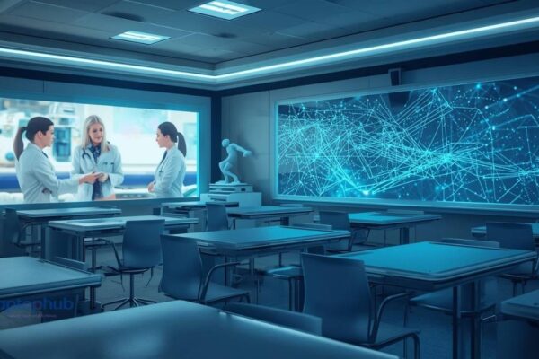 Illustration of a modern, sterile healthcare professional classroom bathed in soft, cool ambient lighting.