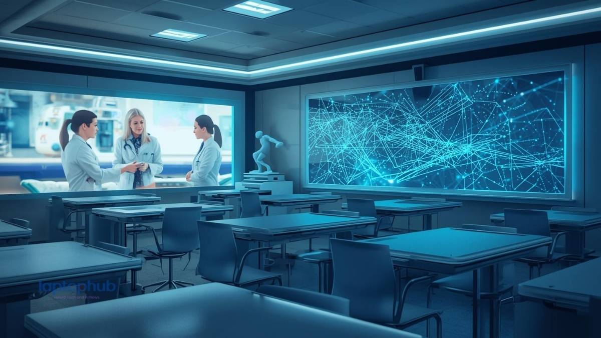 Illustration of a modern, sterile healthcare professional classroom bathed in soft, cool ambient lighting.