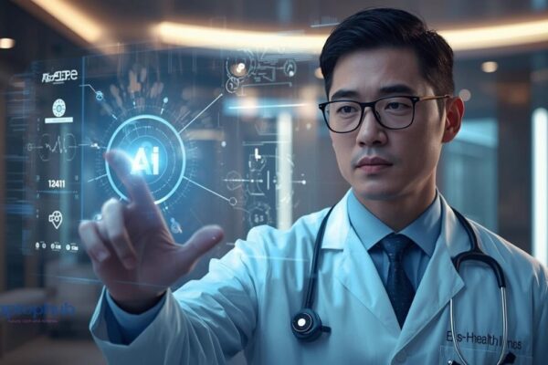 doctor interacting with an advanced digital interface showing AI and healthcare data visualizations