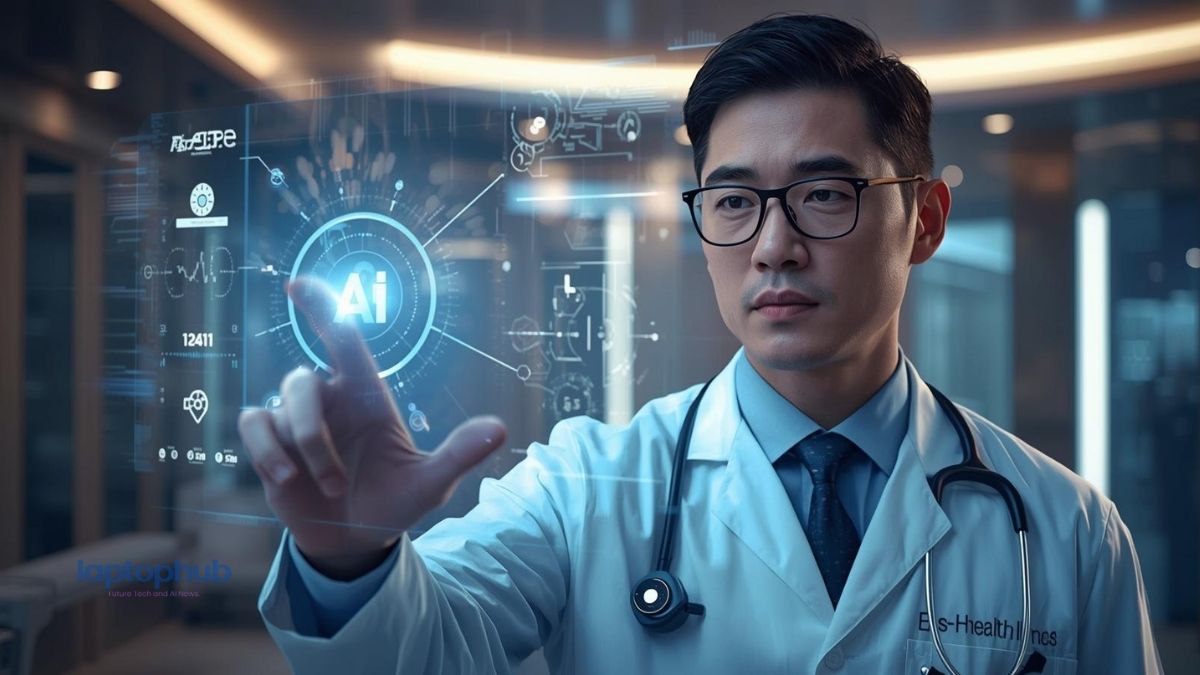 doctor interacting with an advanced digital interface showing AI and healthcare data visualizations