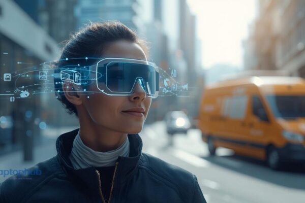 A futuristic delivery driver wearing sleek, AI-powered smart glasses in a city street