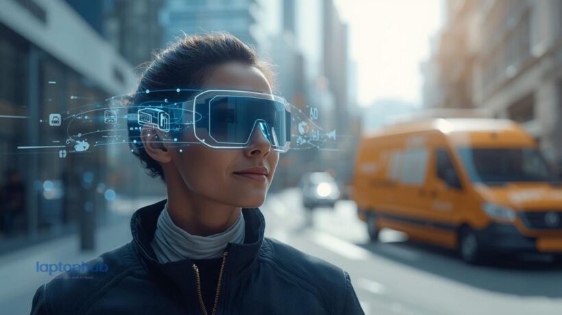 A futuristic delivery driver wearing sleek, AI-powered smart glasses in a city street