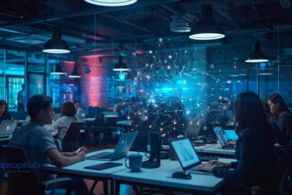 Diverse small-team founders are actively engaged, working on laptops in an open-plan office setting.