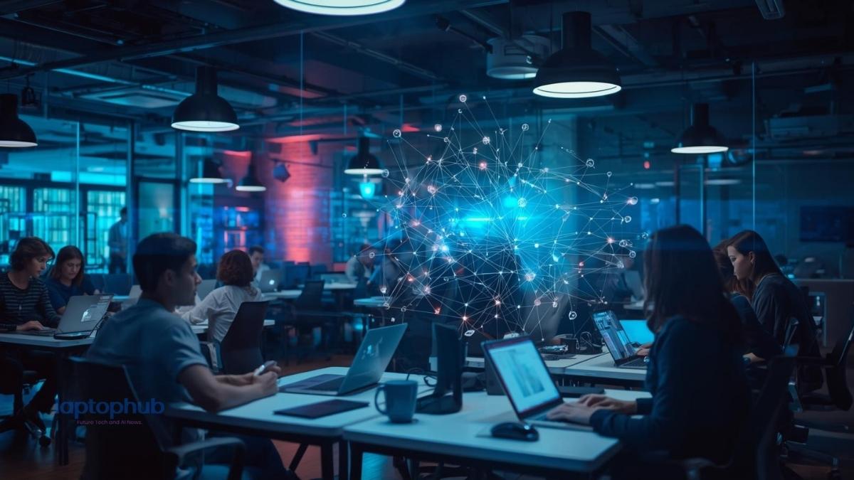 Diverse small-team founders are actively engaged, working on laptops in an open-plan office setting.