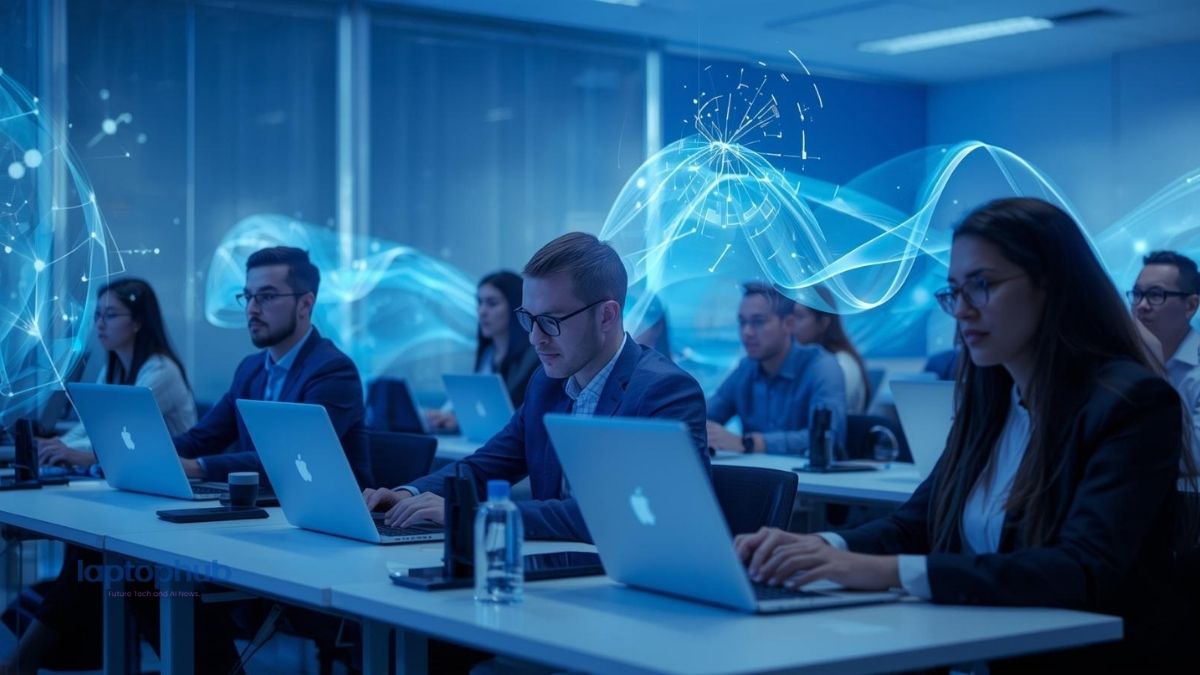 modern corporate room with employees undergoing training