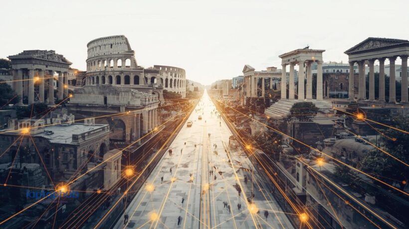 AI neural network forming the ruins of Ancient Rome