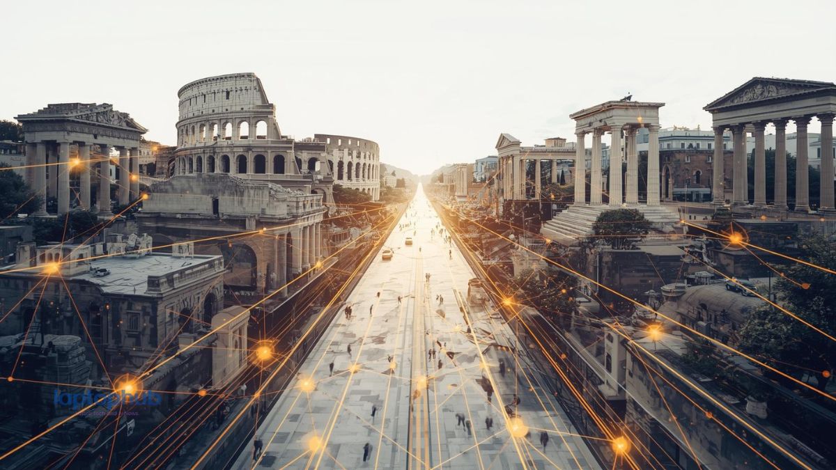 AI neural network forming the ruins of Ancient Rome