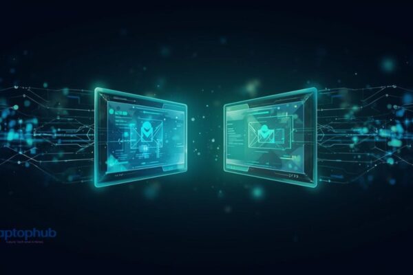 two glowing digital interfaces merging together, symbolizing AI collaboration and innovation.