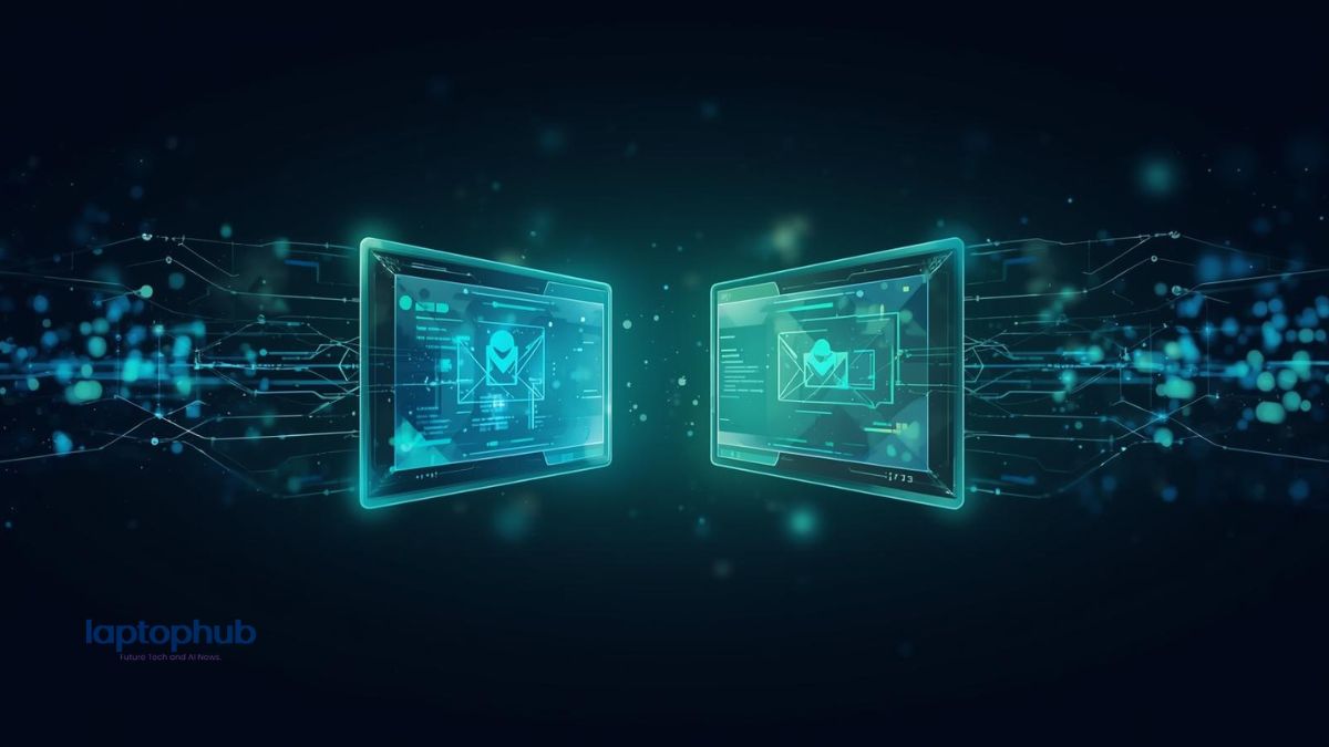 two glowing digital interfaces merging together, symbolizing AI collaboration and innovation.