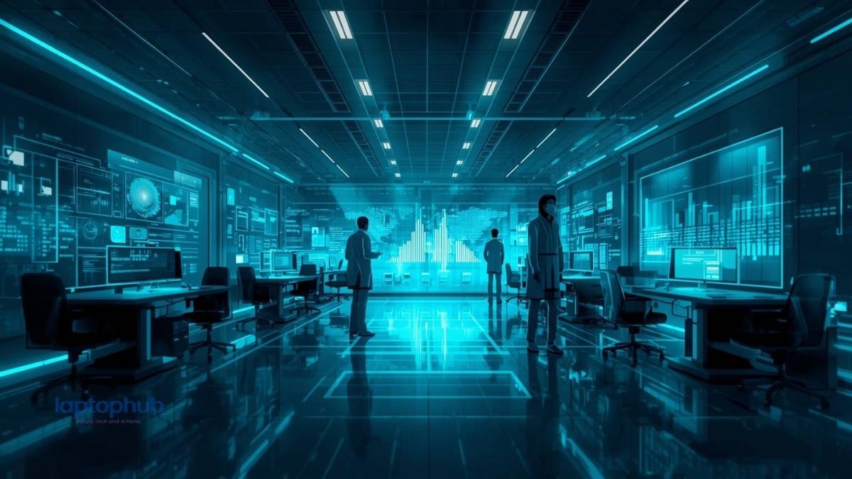 illustration of a modern hospital operations centre with translucent AI-data graphs and abstract human-healthcare silhouettes