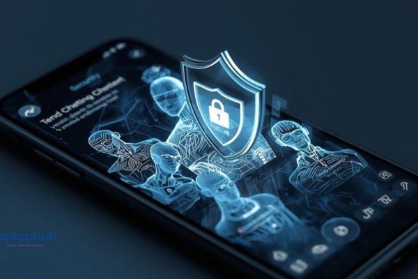 a smartphone screen showing a teen social-media app with a shield icon overlay and abstract AI chatbot characters in semi-transparent hologram form
