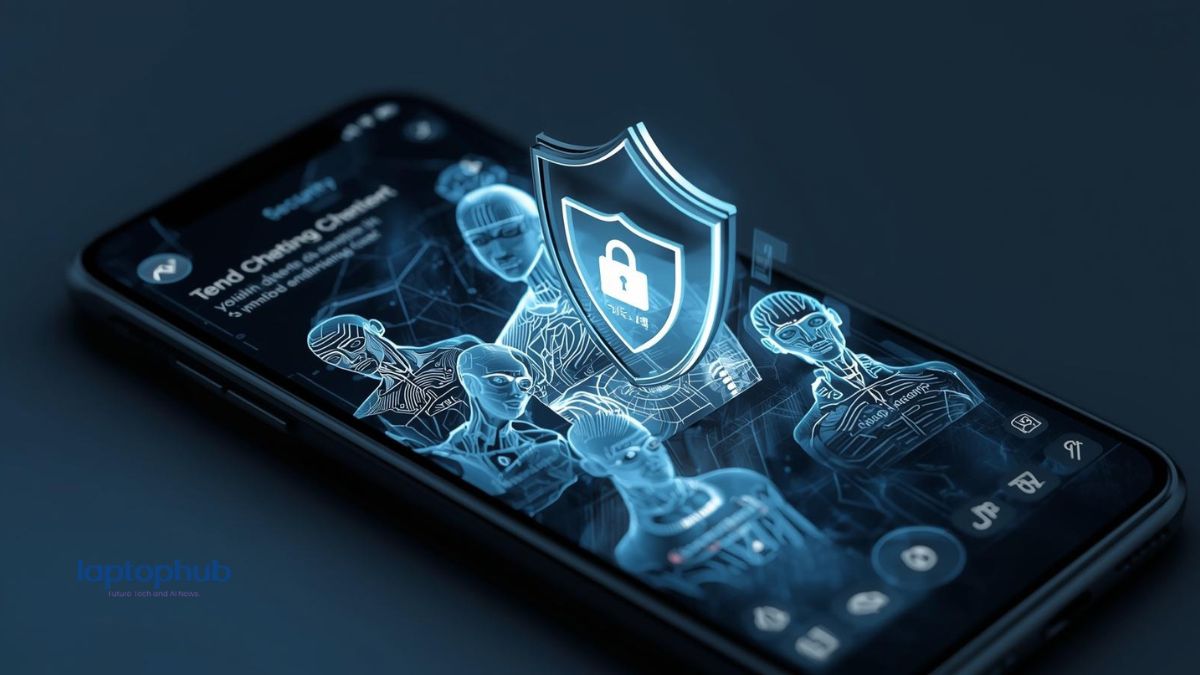 a smartphone screen showing a teen social-media app with a shield icon overlay and abstract AI chatbot characters in semi-transparent hologram form
