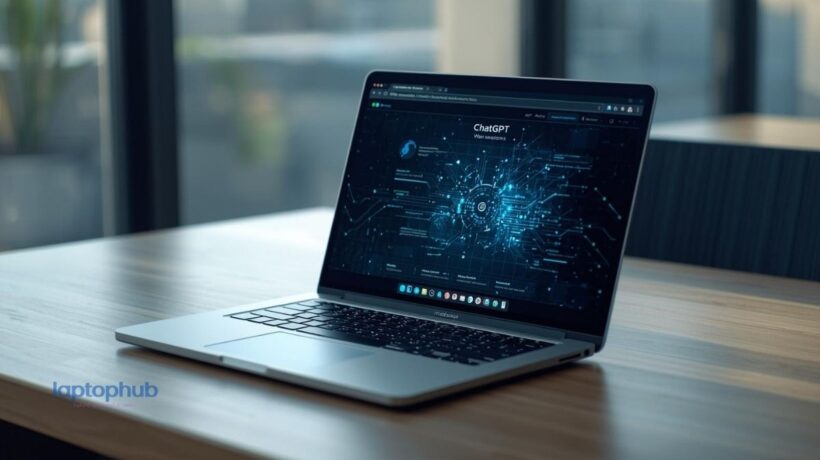 modern laptop on a clean desk showing an AI-powered web browser interface