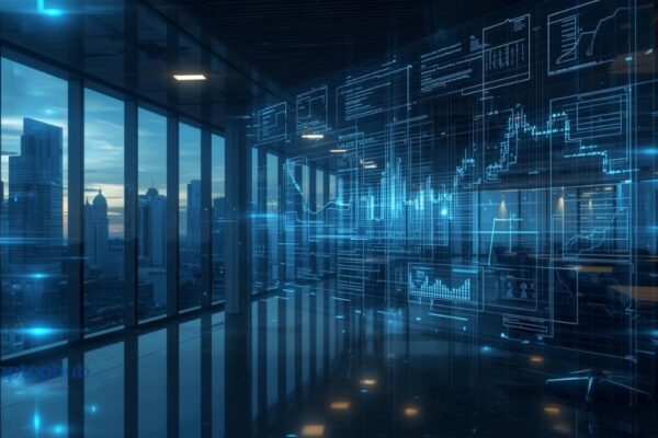 A futuristic Wall Street skyline with holographic financial charts and AI data overlays