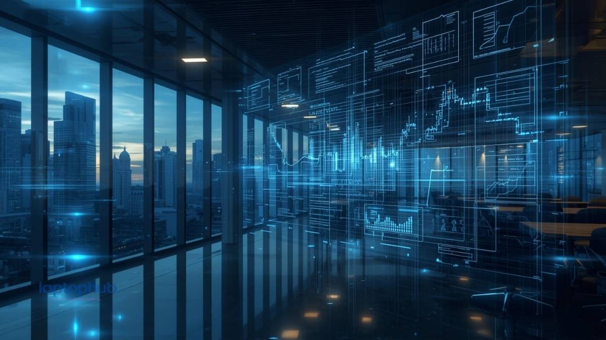 A futuristic Wall Street skyline with holographic financial charts and AI data overlays