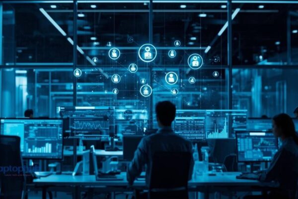 High-tech enterprise workspace with holograms