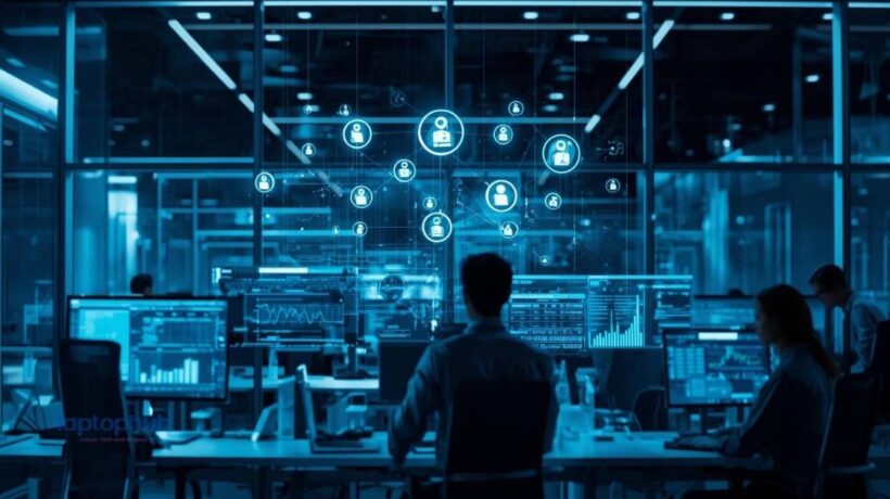 High-tech enterprise workspace with holograms