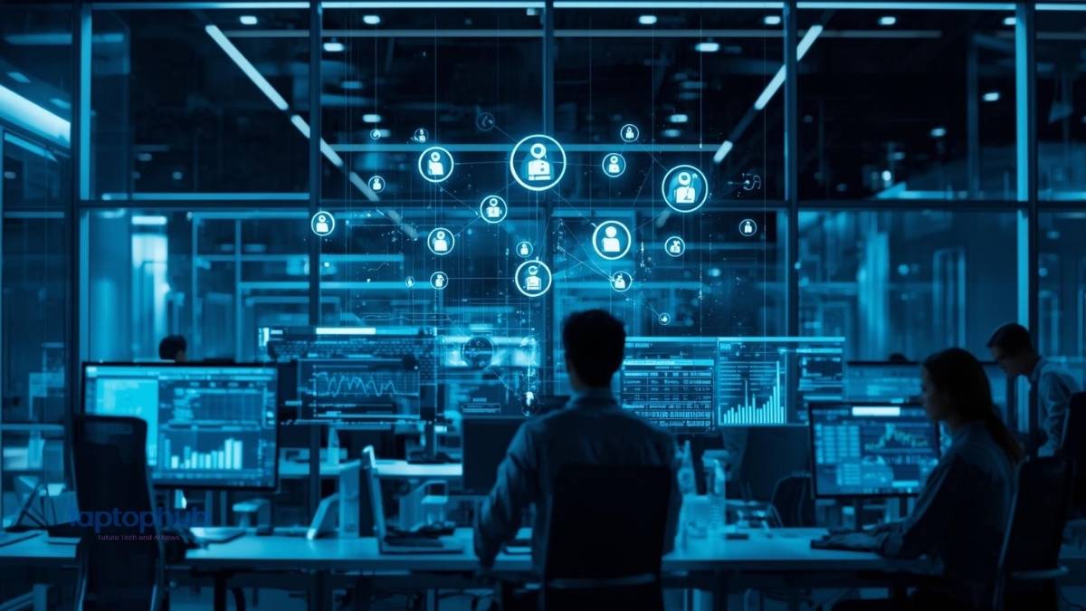 High-tech enterprise workspace with holograms