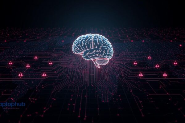 Minimalist digital illustration of a glowing AI brain connected to a network of circuitry, with subtle red warning signals spreading across a dark world map.