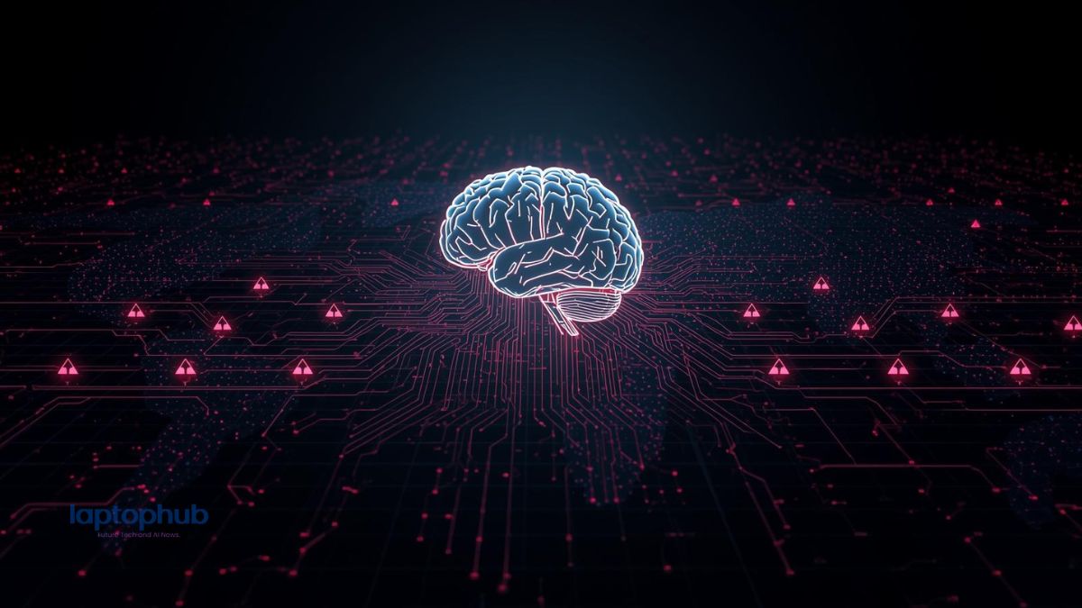Minimalist digital illustration of a glowing AI brain connected to a network of circuitry, with subtle red warning signals spreading across a dark world map.