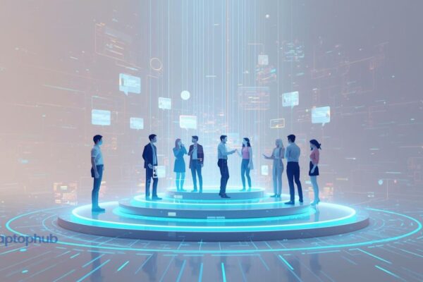 futuristic illustration of a group chat interface powered by AI