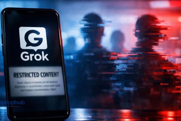 illustration showing a smartphone displaying the Grok AI logo with a blurred warning message about “restricted content.”