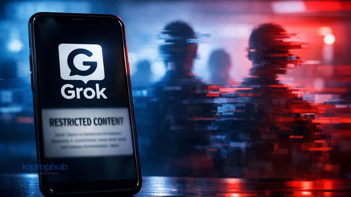 illustration showing a smartphone displaying the Grok AI logo with a blurred warning message about “restricted content.”