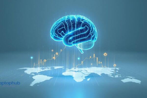 a glowing AI circuit brain hovering above a stylized world map, with upward economic charts and data lines rising from major economies.