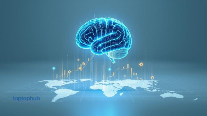 a glowing AI circuit brain hovering above a stylized world map, with upward economic charts and data lines rising from major economies.