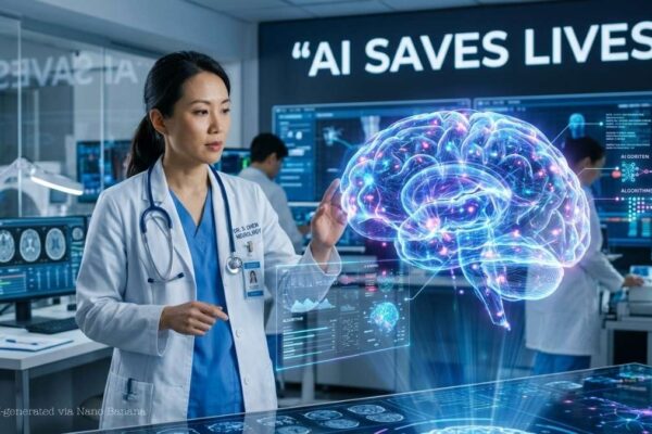 doctor working on a hologram of a brain