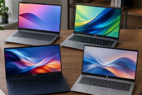 Four budget AI laptops arranged on a modern wooden desk in a home office.