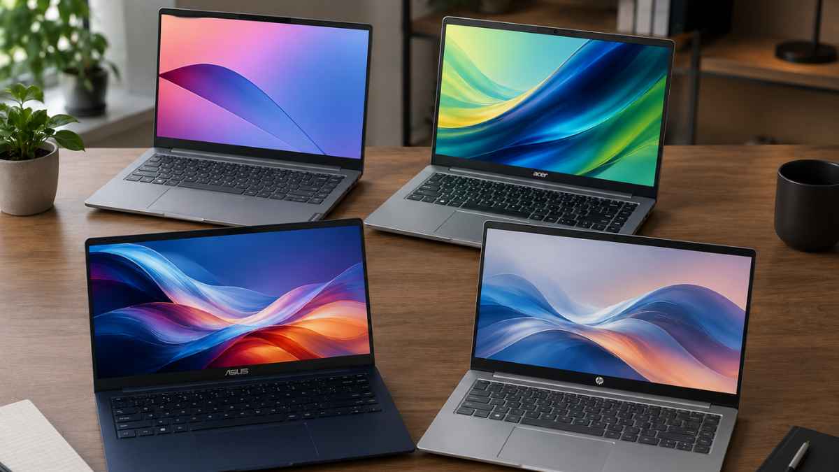 Four budget AI laptops arranged on a modern wooden desk in a home office.