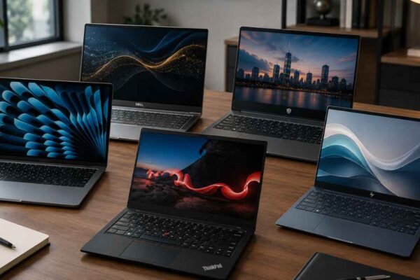 ive business laptops arranged on a modern office desk, showcasing premium work-focused laptops for professionals in 2026.