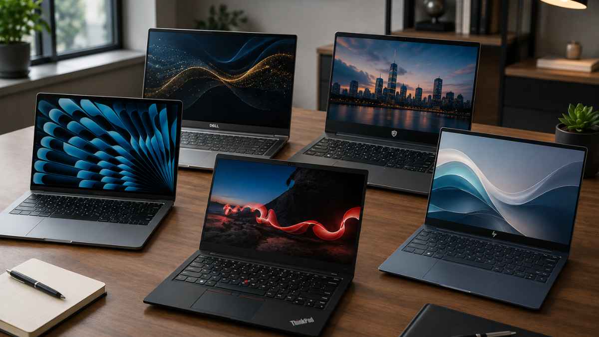 ive business laptops arranged on a modern office desk, showcasing premium work-focused laptops for professionals in 2026.