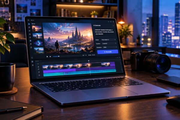 A sleek laptop displaying an AI video generation and editing interface on a desk in a cinematic creative studio, with a camera, external drive, coffee mug, and city lights in the background.
