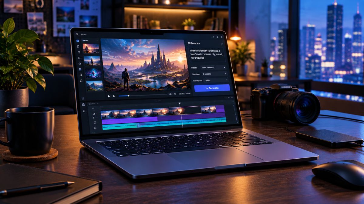 A sleek laptop displaying an AI video generation and editing interface on a desk in a cinematic creative studio, with a camera, external drive, coffee mug, and city lights in the background.