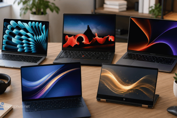 Five laptops arranged on a modern home office desk, representing the best laptops for remote work in 2026.