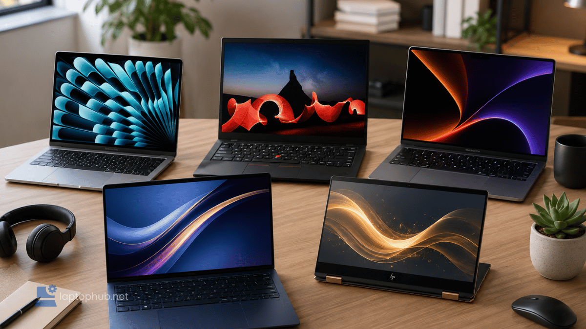 Five laptops arranged on a modern home office desk, representing the best laptops for remote work in 2026.