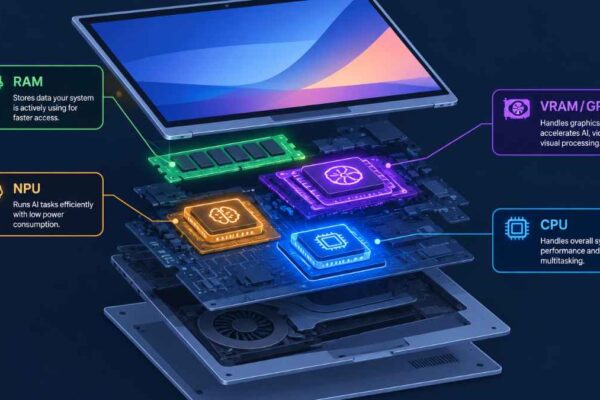 An exploded-view illustration of a laptop showing five labeled internal components (RAM, VRAM/GPU, NPU, CPU) glowing in different colors