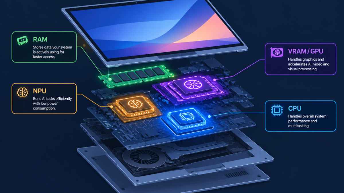 An exploded-view illustration of a laptop showing five labeled internal components (RAM, VRAM/GPU, NPU, CPU) glowing in different colors