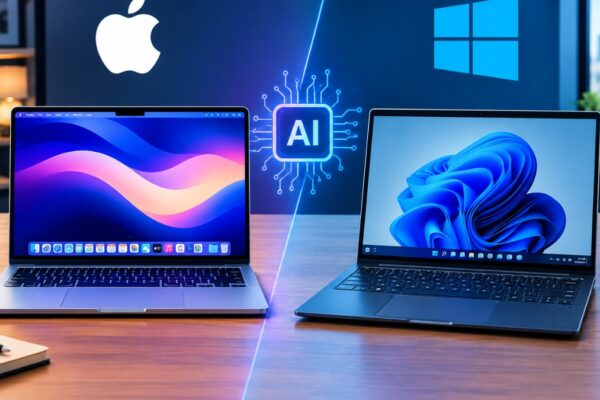Mac and Windows laptops facing each other with a glowing AI chip between them, representing the choice of platform for AI work in 2026.