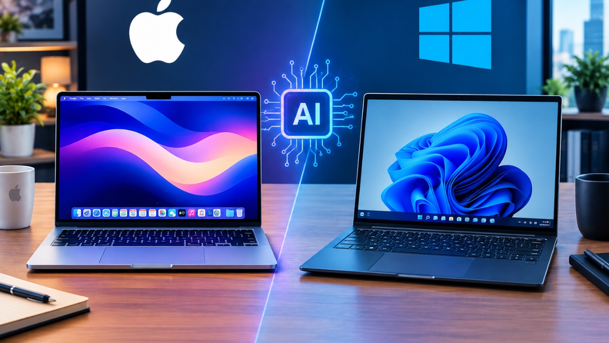 Mac and Windows laptops facing each other with a glowing AI chip between them, representing the choice of platform for AI work in 2026.