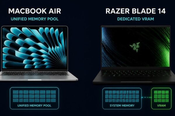 A side-by-side laptop illustration, a silver MacBook Air on one side and a black Razer Blade 14 on the other