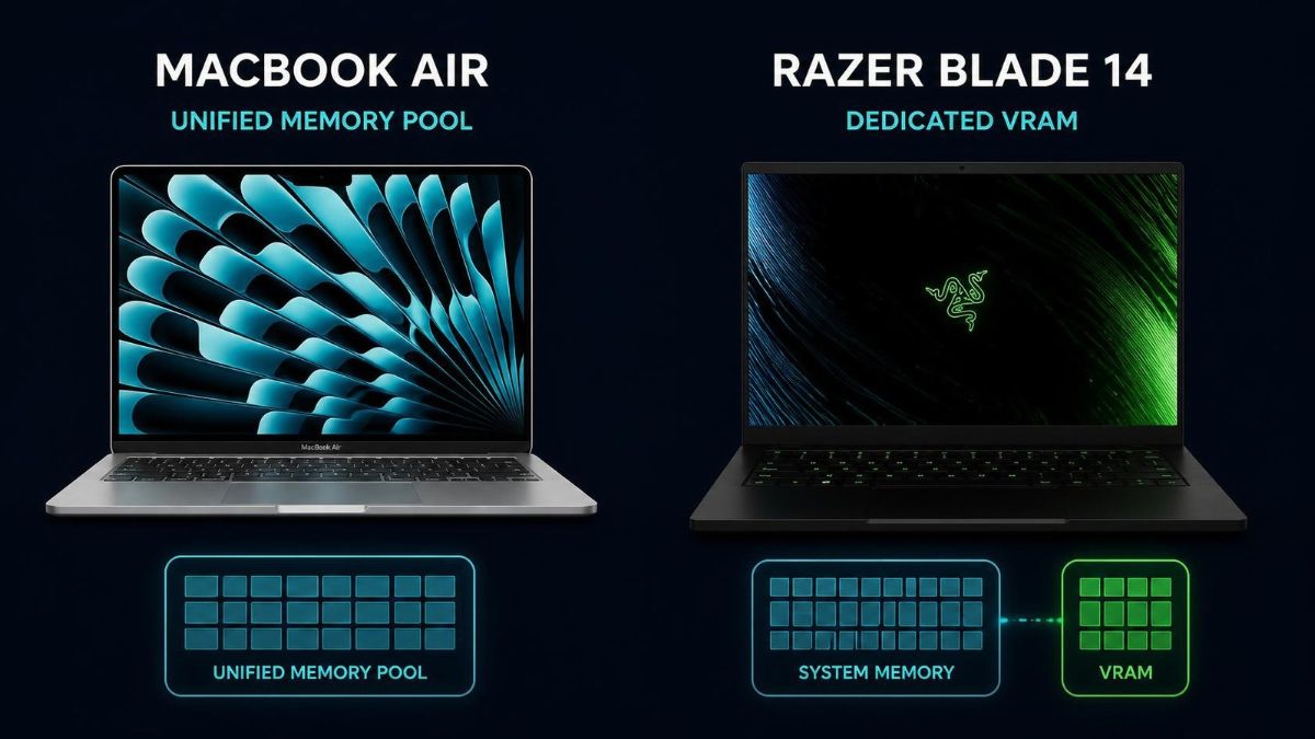 A side-by-side laptop illustration, a silver MacBook Air on one side and a black Razer Blade 14 on the other