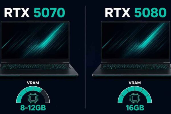 side-by-side laptop comparison graphic, one labeled "RTX 5070" and one "RTX 5080," each with a small VRAM gauge icon showing 8-12GB versus 16GB filled.