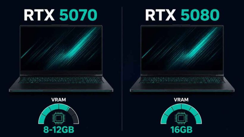 side-by-side laptop comparison graphic, one labeled "RTX 5070" and one "RTX 5080," each with a small VRAM gauge icon showing 8-12GB versus 16GB filled.