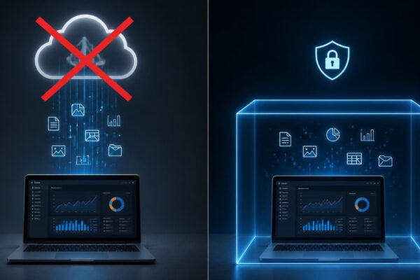 A split-image concept: one side showing data flowing from a laptop up to a cloud icon (crossed out), the other side showing the same laptop with data staying contained in a glowing box around it.