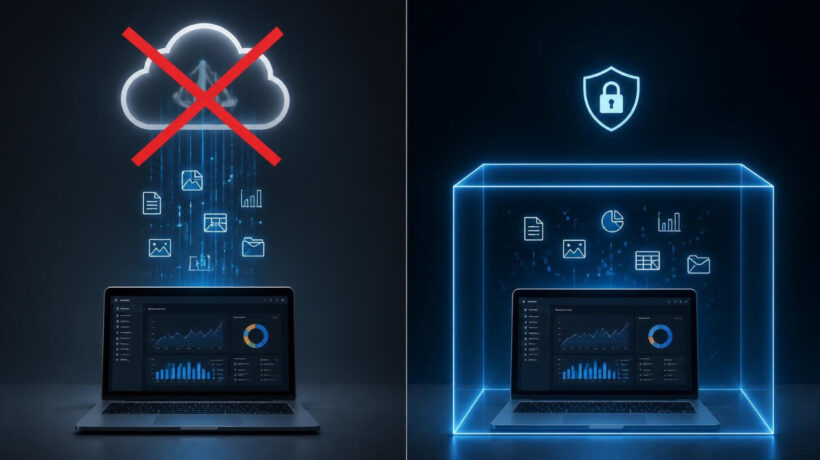 A split-image concept: one side showing data flowing from a laptop up to a cloud icon (crossed out), the other side showing the same laptop with data staying contained in a glowing box around it.