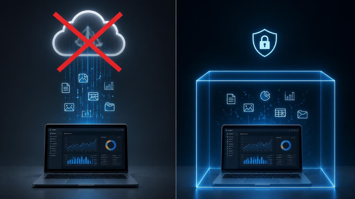 A split-image concept: one side showing data flowing from a laptop up to a cloud icon (crossed out), the other side showing the same laptop with data staying contained in a glowing box around it.