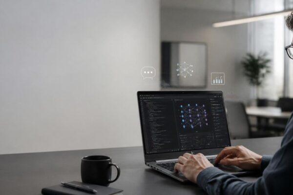professional software engineer working at a desk with an HP ZBook-style professional workstation laptop